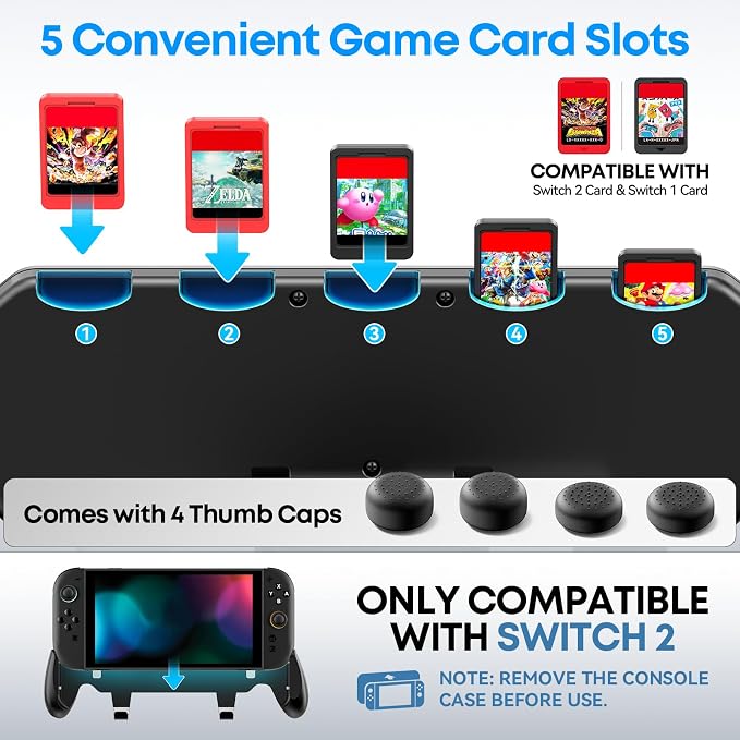 Grip Compatible with Nintendo Switch 2, Switch 2 Ergonomic Grip Case with Adjustable Stand, Comfort Game Accessories with 5 Game Card Slots and 4 Thumb Caps - Image 2