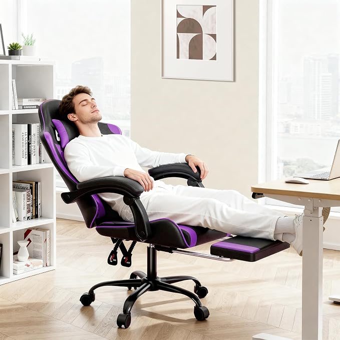 MoNiBloom Gaming Chair, Footrest & Lumbar Support, Height Adjust, Purple | Headrest & Lumbar Support, Ergonomic Computer chair, for Adult Teen Office or Gaming,Swivel game chair, leather gaming chair - Image 4