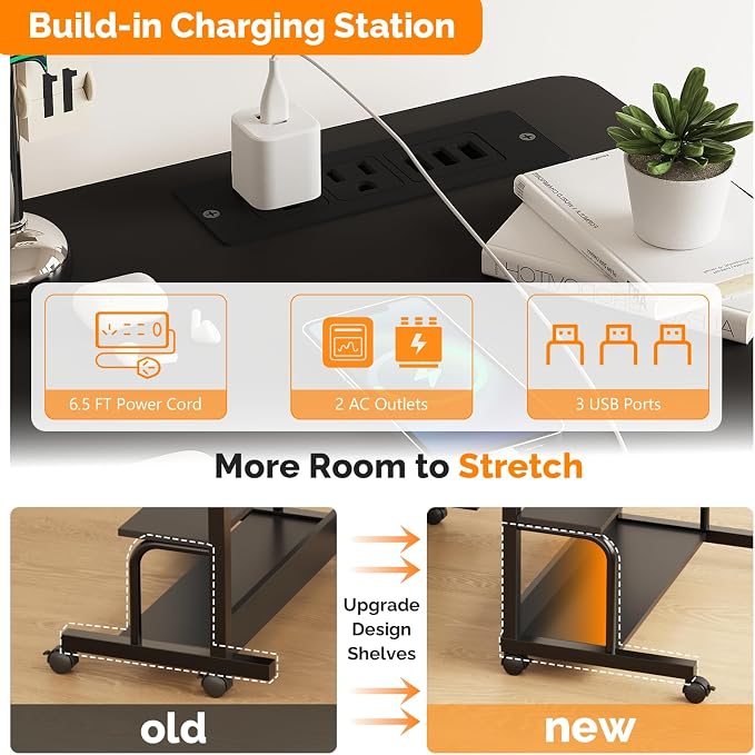 FCH 31.5" Mobile Small Standing Desk, Adjustable Height Mobile Computer Desk, w/2 AC Outlets + 3 USB Ports & Hooks, Storage Shelves, Suitable for Gaming, Studying, Home Office, Black - Image 6