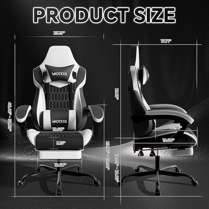 Gaming Chair with Footrest, High Back Gaming Chairs PVC Leather Ergonomic Gamer Chair with Adjustable Headrest Lumbar Support Racing Style Video Gaming Chair for Office/Home (Black White) - Image 3