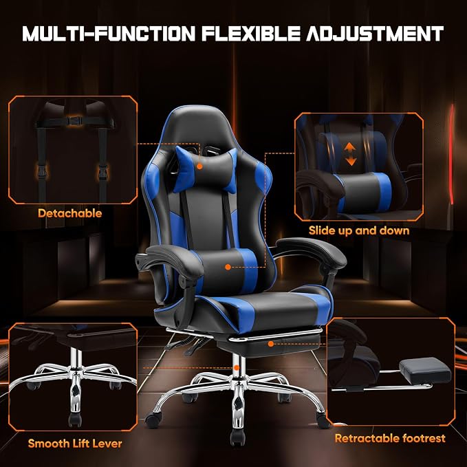 Sweetcrispy Gaming Chair with Footrest, Ergonomic Lumbar Support Desk Chair | High Back Ergonomic, PU Leather, Adjustable Headrest, Linkage Armrest, Height Adjustable, 360 Swivel, Blue - Image 7