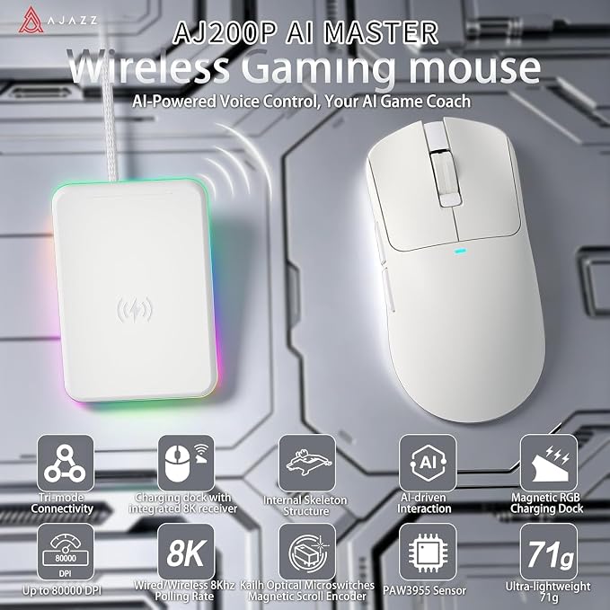 AJAZZ AJ200P Master PAW3955 8K Polling Wireless AI Smart Gaming Mouse - Image 2