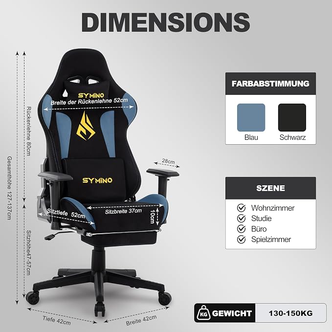 Symino Gaming Chair, High Back Ergonomic Office Chair with 2D Adjustable Armrests, 150° Recline, Breathable Faux Suede, Adjustable Headrest & Footrest for Home Office - Image 3