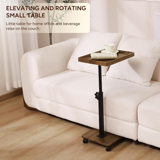 Adjustable C Table End Table, Side Table C Table with Wheels,360° Rotatable (20.7-34.9inches) Height Adjustable for Sofa/Bed/Bathtub, Walnut Wood & Black (15.7x11.8) - Image 6