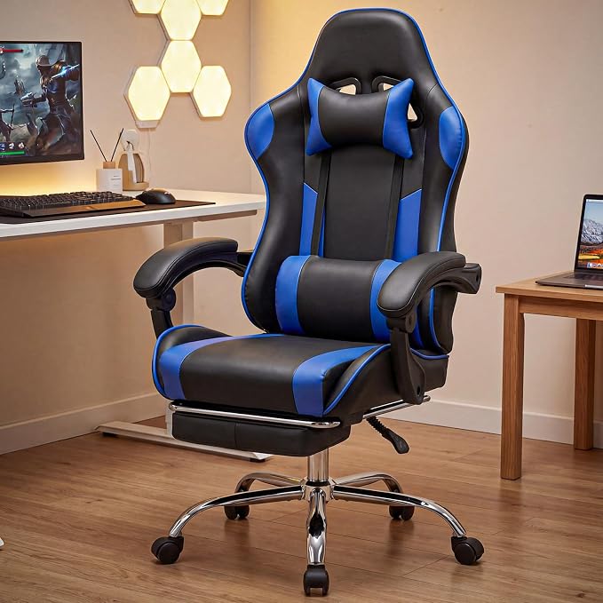 Sweetcrispy Gaming Chair with Footrest, Ergonomic Lumbar Support Desk Chair | High Back Ergonomic, PU Leather, Adjustable Headrest, Linkage Armrest, Height Adjustable, 360 Swivel, Blue - Image 9