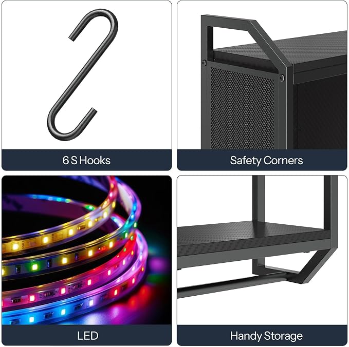 HOOBRO Gaming Floating Shelves with LED Lights, 28.7" LED Wall Mounted Shelf, 3-Tier Display Rack for Wall Storage, Floating Rack with Hanging Rod and 6 S-Hooks, for Gaming Room, Black BB70DBJ01 - Image 8