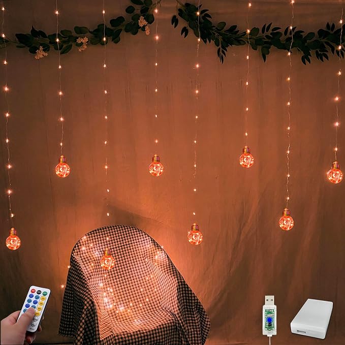 YOLIGHT Wishing Ball Curtain Lights 200 LED Window Curtain String Lights with Remote, USB Battery Powered Twinkle Globe Fairy Lights for Party Bedroom Christmas Halloween Decoration (Orange) by Yolight