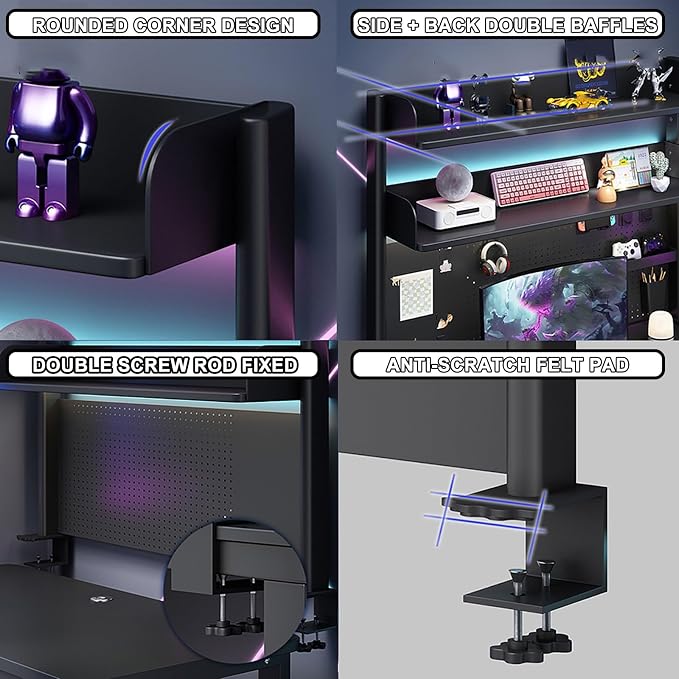 Clamp on Desk Shelf, Desk Shelf, Gaming Desk Accessories, Steel Pegboard for Desk, Adjustable Desk Extender Side Table, Modern Desktop Display Shelf(60x20x63cm/24x8x25in) - Image 3