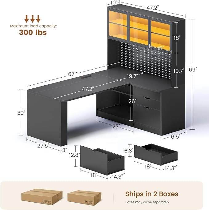 SEDETA L Shaped Corner Gaming Desk with 3 Wood Drawer and Large Bookshelf | L Shaped Computer Desk with LED Light, Display Cabinet and Pegboard for Home Office, 27.5" W Large Desktop Table, Black - Image 2