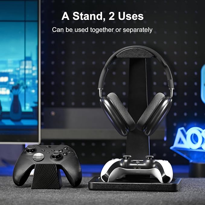 UPERGO Solid Wood Headphone Stand with Controller Holder for Desk | Natural Solid Wood, Holds 1 Headset & 1 Controller, Gamer Gifts for Men, Gaming Desk Accessories for PS5/Xbox/Switch - Image 2