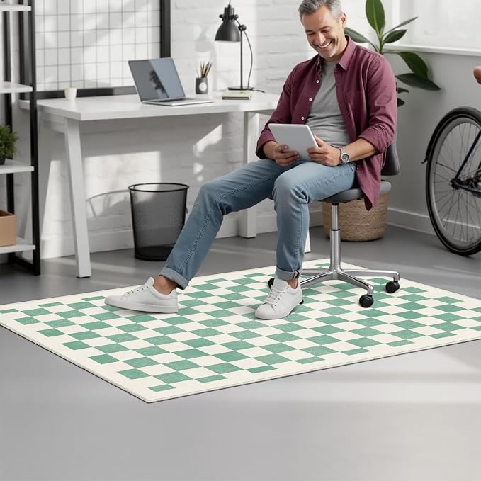 Office Chair Mat for Carpet Hardwood Tile Floor,36"x48" Computer Chair Mat for Rolling Chairs Carpet, Under Desk Non Slip Gaming Rug, Low-Pile Rubber Backing Large Protector Mat,Boho Green Checkered - Image 2