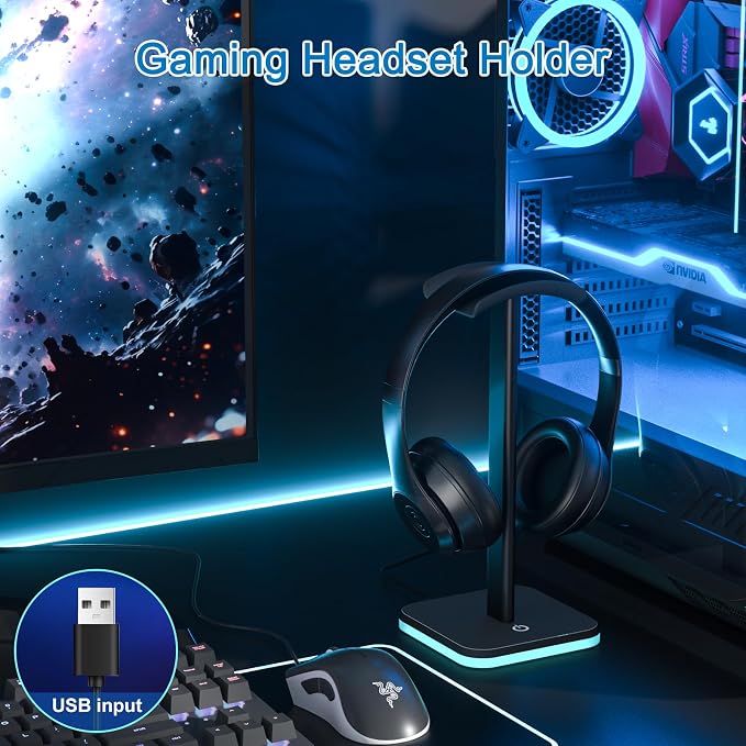 Headphone Stand for Desk - Headset Stand Headphone Holder (RGB-Black) | with Aluminum Hanger and Plastic Headrest, headphone holder for AirPods Max, Sony, Bose, Beats and More - Image 2