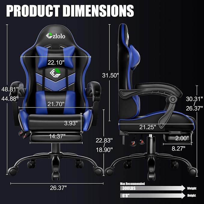 Czlolo Gaming Chair with Footrest Racing Style Lumbar Support Massager Video Game Chair with Metal Legs, High Back Gamer Chair with Headrest, 360° Swivel Office Computer Desk Chair, Navy Blue - Image 3