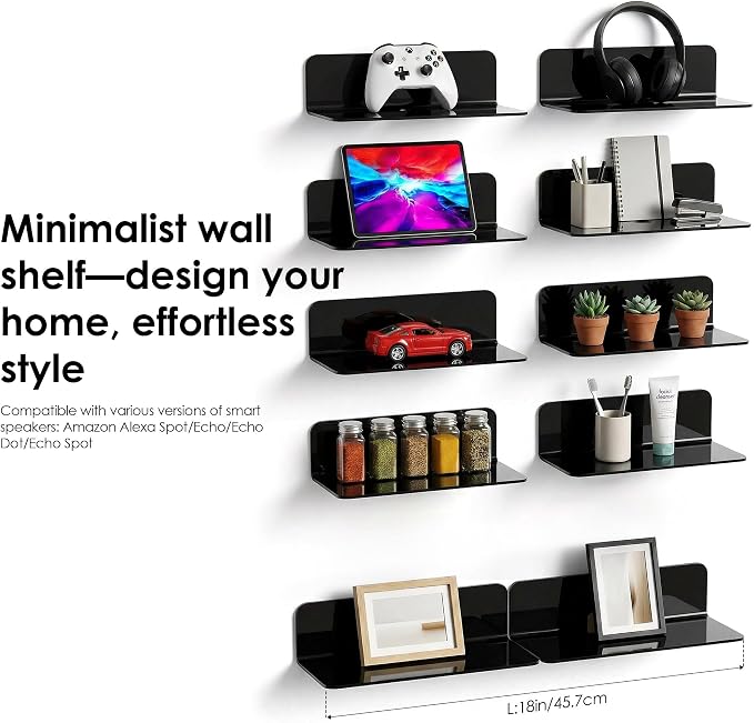 OAPRIRE Acrylic Floating Wall Shelves Black, No Drill, 9 Inch 2 Pack - Image 7