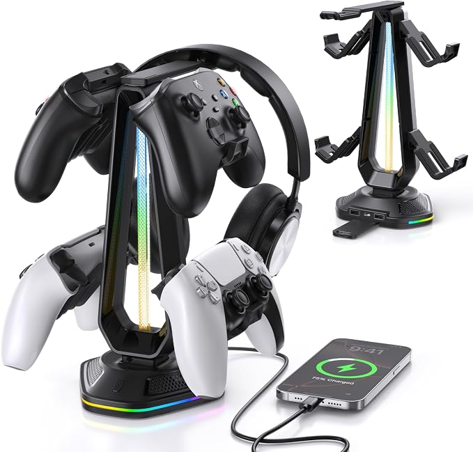 Luckit Gaming Headphones Stand, RGB Headset Stand with 12 Light Modes, Controller Holder with 2 USB Charging Ports - Supports Data Transfer, Earphone Hanger Accessories for Desktop Gamer - Image 2