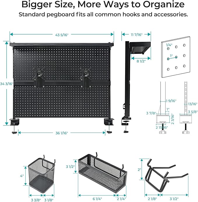 EUREKA ERGONOMIC Desk Pegboard Dual Monitor Stand 43x34 Black | Steel pegboard with dual monitor stands, privacy panel and 4 modular accessories for organized gaming and office setups - Image 4