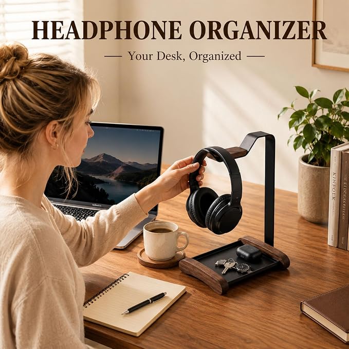 Headphone Stand for Desk with Storage Tray, Walnut Wood Headset Holder and Desktop Organizer for Headphones, Keys, Watches & Accessories, Home Office and Gaming Setup - Image 2