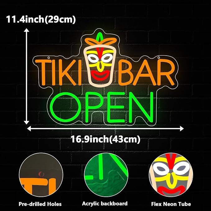 Tiki Bar Neon Sign, Tiki Bar Led Neon Light Signs for Wall Decor Open Hawaii Tropical Luau Aloha Party Outdoor Decorations for Pub Bistro Home Patios Man Cave Dimmable USB Powered Green(16.9"*11.4") - Image 3