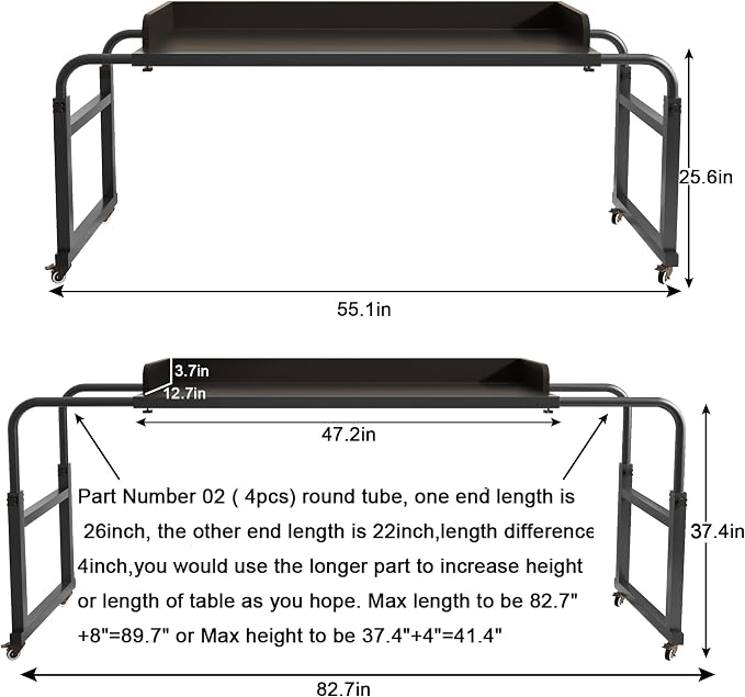 TigerDad Overbed Table with Wheels Overbed Desk Over Bed Desk King Queen Bed Table Overbed Laptop Table Over Bed Table with Wheels(Black) - Image 2