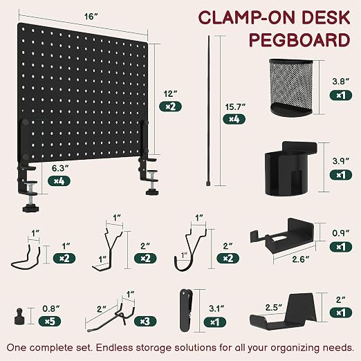 Clamp On Desk Pegboard 32" x 12" with Accessories Black | No Drill Metal Desktop Organizer & Privacy Panel, Vertical Storage Divider for Home Office and Gaming Setup - Image 2