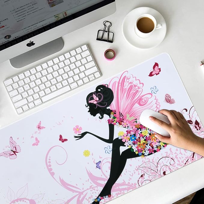iCasso Extended Gaming Mouse Pad 35.4x15.7in,Game,Home,Butterfly Girl | Non-Slip Rubber Base Mousepad with Stitched Edges,Waterproof Keyboard Mouse Mat Desk Pad for Work Office - Image 6