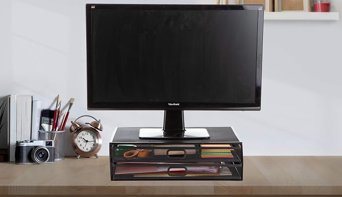 Mind Reader Monitor Stand, Ventilated Laptop Riser, Storage Drawer, Office, Metal Mesh, Black - Image 8