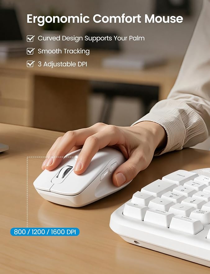 White Ergonomic Wireless Keyboard and Mouse Combo, 2.4G Full Size Ergo Wave Key Board with Cushioned Plam Rest, Natural Typing, 3 DPI Adjustable Silent Mouse for Computer/Laptop/Windows/Mac - Sablute - Image 7
