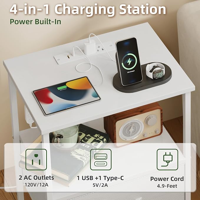 Somdot Nightstand Set of 2 with Charging Station & LED Light, Bedside Table - Image 5