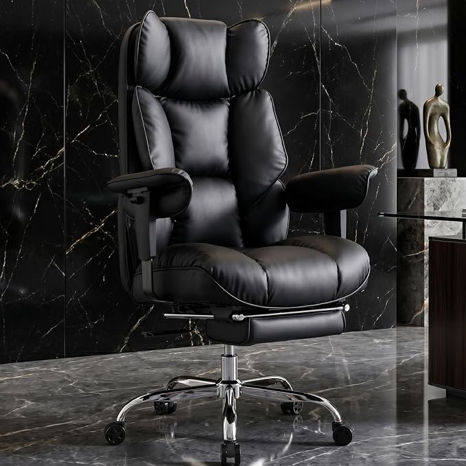 Efomao Executive Office Chair 400lbs, Black Big and Tall Desk Chair | Mattress-grade pocket spring cushion, sleek leather, 135° recline & footrest for computer gaming setup. - Image 2