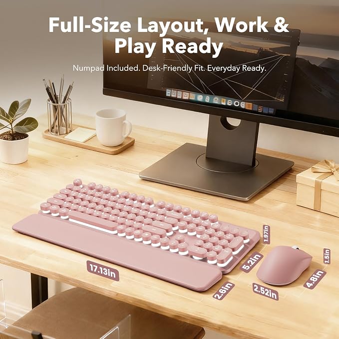 Rechargeable Backlit Wireless Keyboard and Mouse Combo, Retro Typewriter Keyboard with Magnetic Wrist Rest, Light Up Letters, 2.4GHz Cordless Connection for Mac, Windows PC, Laptop (Glowing Pink) - Image 8