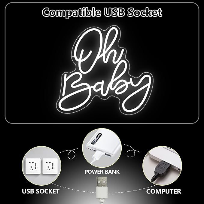 Oh Baby Neon Sign, Baby Shower LED Neon Light Signs for Backdrop Party Wall Decor Bedroom Light Up Sign for Gender Reveal Birthday Party Decorations Gift White Dimmable USB Powered(14.2"*12.9") - Image 5
