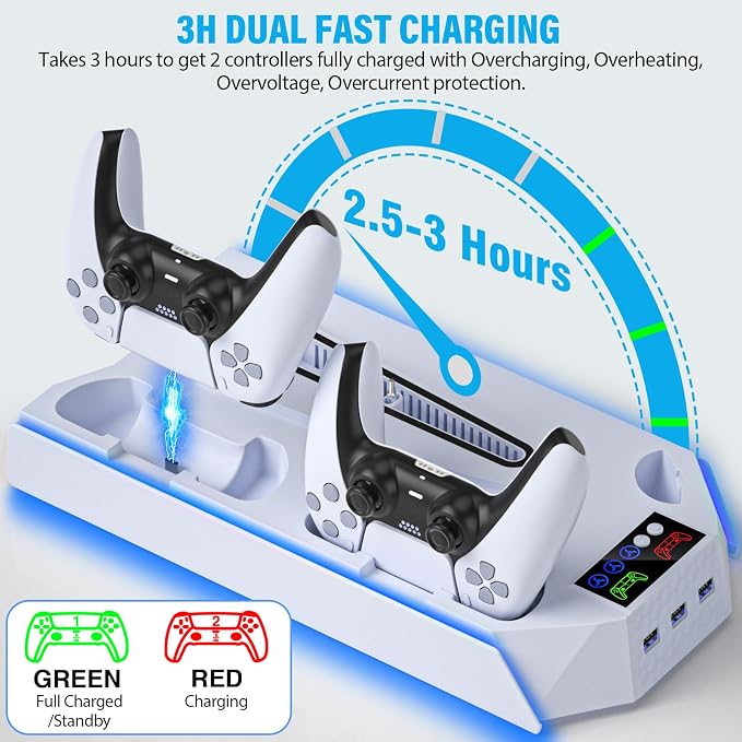 Slim Cooling Station Stand LED with Dual Controller Charging Station for PlayStation 5 Console, PS 5 Accessories Incl. Controller Charger, Cooling Fan, Headset Holder, 3 USB Hub- LED White - Image 4