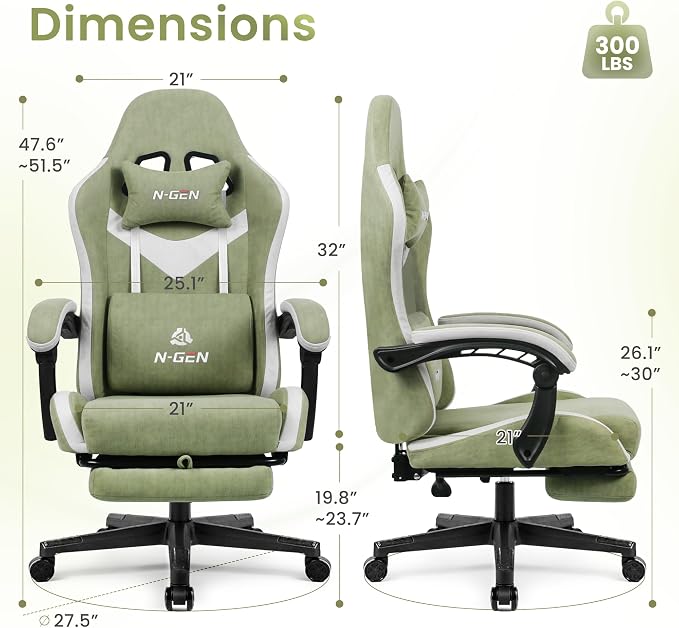 N-GEN GAMING Gaming Chair, Reclining Backrest, Footrest, Fabric, Green | Ergonomic Design with Reclining Backrest, Linkage Armrests and High-Density Foam, Comfy Seating for Computer or Home Office - Image 3