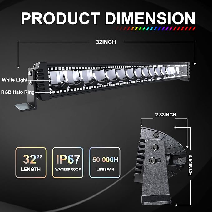 Lpteso RGBW LED Light Bar 32'' inch 180W Flood Spot Combo Beam 2PCS 4 Inch 18W Flood RGB LED Pods with 16 Solid Colors Chasing RGB Halo Ring Changing with Strobe Flashing with Rocker Switch Wiring - Image 2
