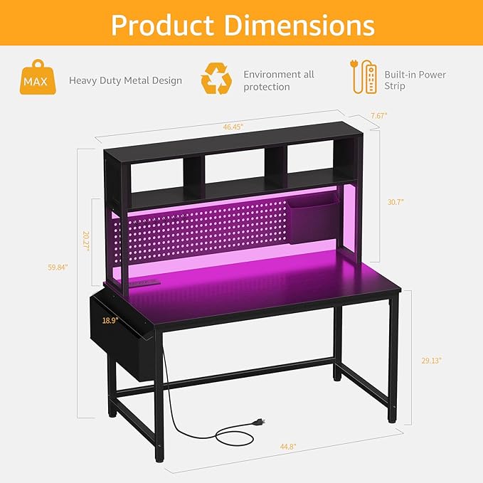 DLisiting Black Gaming Desk with Hutch and Pegboard - 47 Inch Gaming Desk with Shelves Storage Power Outlets, Computer Teen Work Study Writing Desks for Bedroom Home Office - Image 3