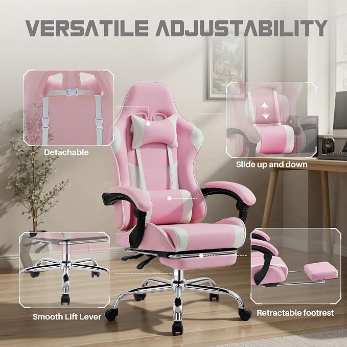 DUMOS Ergonomic Gaming Chair with Footrest, Home Office Desk Chair | PU Leather, Headrest, Linkage Armrests, Height Adjustable, 360 Swivel Reclining, Pink White - Image 5