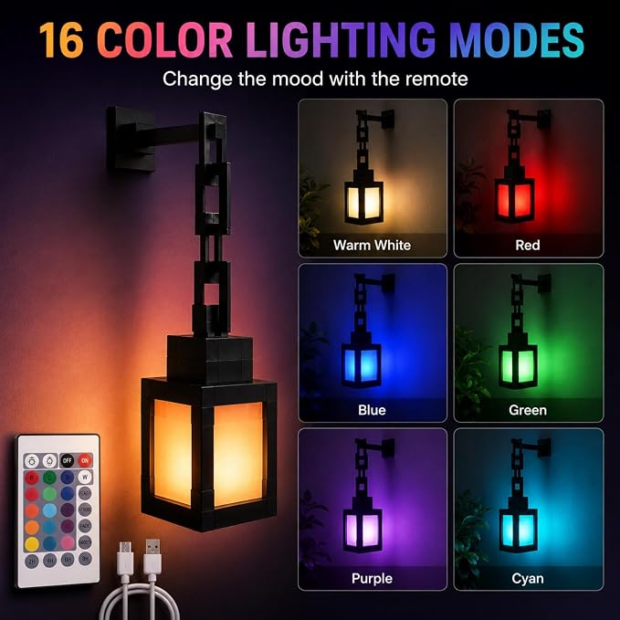 Pixelated Lantern RGB Night Light, 16 Color Rechargeable LED Wall Lamp with Remote, Secure Screw Mount, Block Style Hanging Lantern Decor for Game Room, Bedroom, Desk & Gaming Setup - Image 5