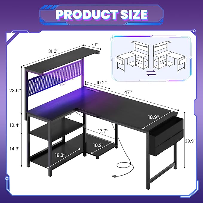 47in L Shaped Gaming Desk with Pegboard & Shelf & Storage Bag, Black | LED Light, Power Outlet, Reversible Gaming Table, Escritorio Gamer, Corner Computer Desk for Small Space Storage, Home Office - Image 3