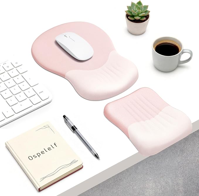 Ospelelf Mouse Pad with Wrist Rest Set Foam L-Shaped Desk Elbow Pad Ergonomic Desk Edge Cushion Anti-Slip Rubber Bottom Office Women Desk Accessories for Computer, Laptop and Gaming, Pink by OspelelfOfficeSupplies
