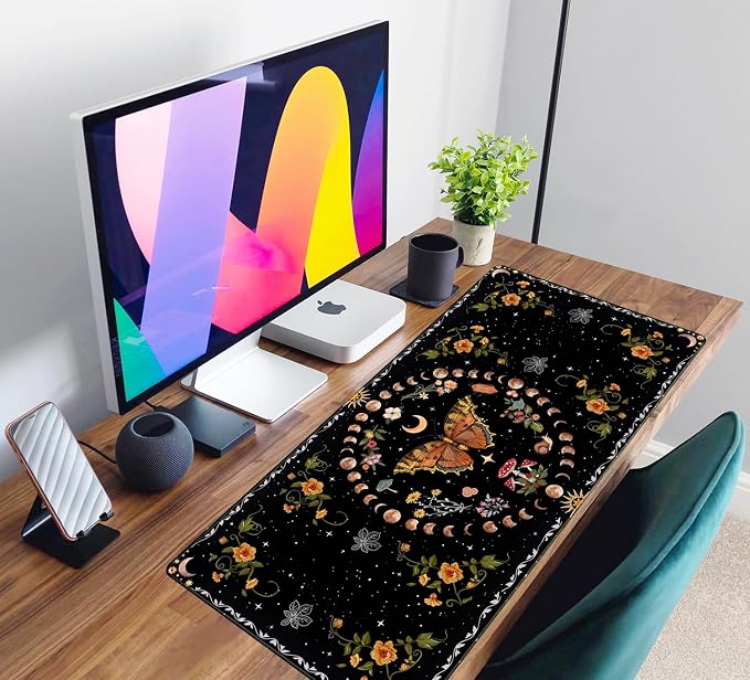 Moth Desk Pad Mushroom Phase Moon Phase Desk Mat, Boho Flowers and Leaves Computer Big Mouse Pad Washable Cloth Non-Slip Rubber Base Keyboard Pad Mouse Mat for Office with Stitched Eges 31.5x15.7 in - Image 6