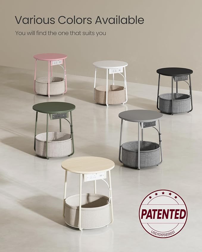 VASAGLE Side Table with Charging Station,Fabric Basket, Round End Table - Image 9