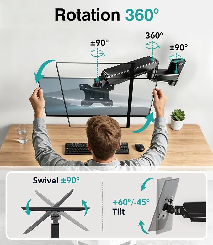 AX WABER Single Monitor Wall Mount for 17 to 32 inch Flat/Curved Computer Screens,Full Motion Adjustable Mechanical Spring Monitor Wall Arm Holds Up to 22lbs,VESA Wall Mount 75x75/100x100, Black - Image 4