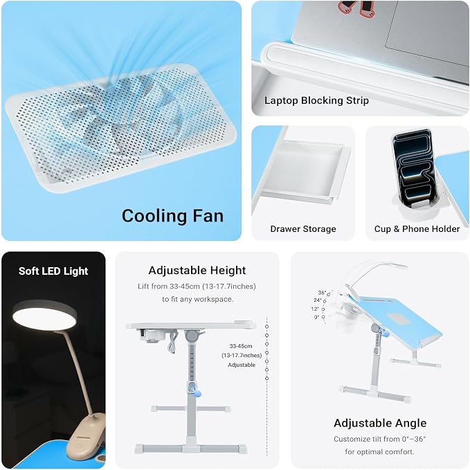 iXTRA Adjustable Laptop Lap Desk with Cooling Fan USB Light for Adults - Image 2