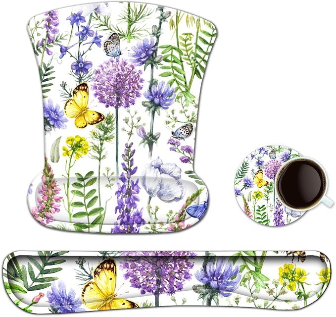Keyboard Pad Wrist Rest Mouse Pad, ToLuLu Gel Ergonomic Mouse Pads for Computer Laptop Office, Mousepad Keyboard Wrist Support Memory Foam for Easy Typing & Pain Relief, Purple Floral Yellow Butterfly by ToLuLu