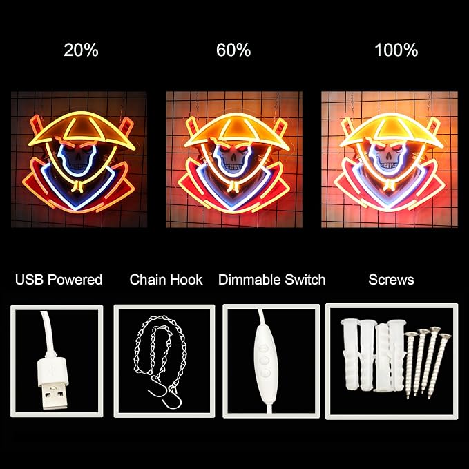 Samurai Skull Led Neon Sign Light Neon Sign Led Light Up Sign Pop Art With UV Printed background Room Wall Decor Man Gaming Room, Kids Room, Bar Decoration, Birthday Party Gifts - Image 3
