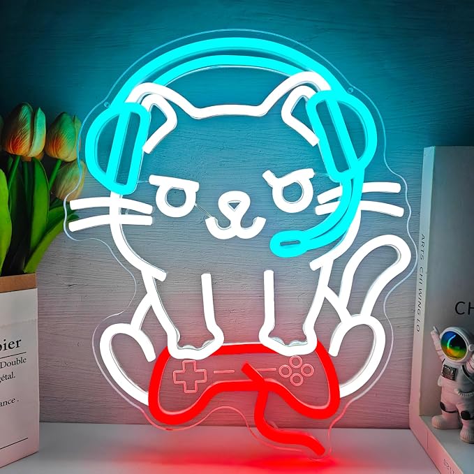 Cat Gaming Neon Sign Gamer Cat Neon Signs for Wall Decor Dimmable Game Room Led Wall Art Gamer Room Decor Led Light Sign Funny Gift for Cat Lovers & Gamers by hhuohuona