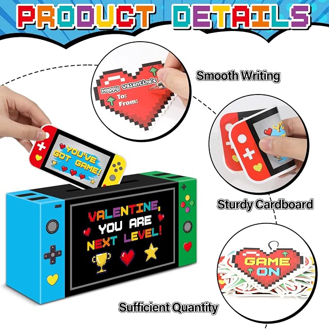 Valentines Mailbox Craft with 48pcs Video Game Valentines Greeting Cards Blue Green Handheld Gaming Console Valentine's Day Card Box Exchange Gifts Party Favor - Image 3