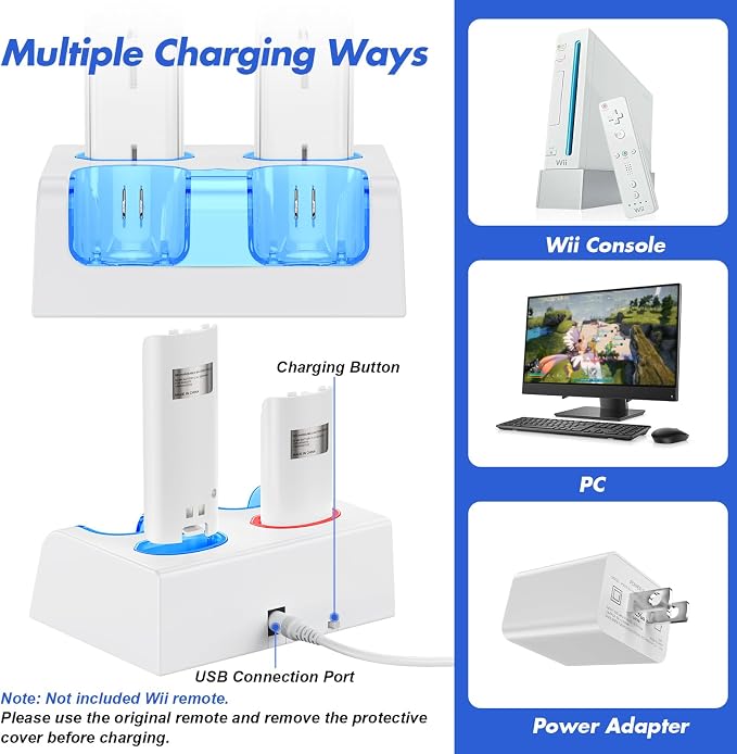 KEKUCULL Remote Controller Charger Station for Wii/Wii U with 4 Pack 2800mAh Rechargeable Battery Pack, Controller Charging Dock Station for Wii Controller, Remotes are not Included - Image 3