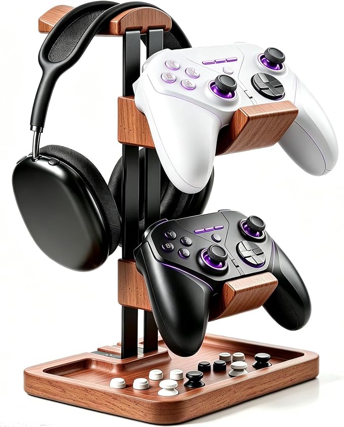 LOXP Walnut Headphone and Controller Stand, 2-in-1 Holder with Storage | Solid Wood Gaming Headphone Stand, Built-in Storage, Non-Slip, Fits Xbox PS5 Switch Controllers, Desktop Organizer for Gamers by LOXP