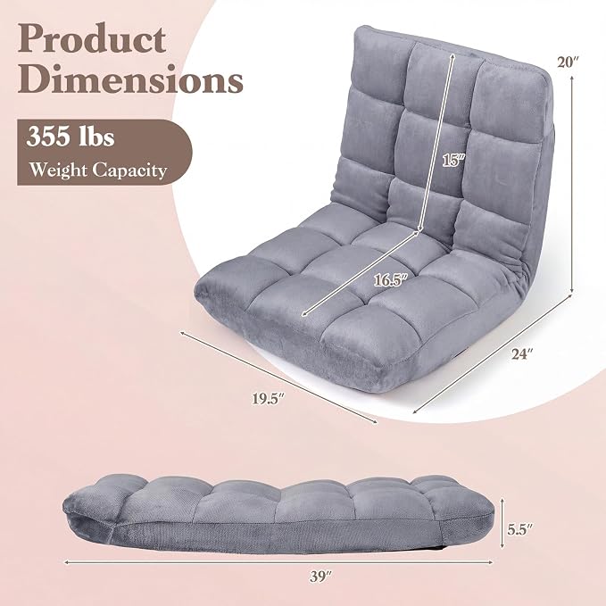 GIANTEX Floor Chair with 14-Position Adjustable, Couch Recliner (Grey) | Soft Flannel Fabric Cover, Heavy Duty Metal Support, Folding Gaming Floor Chair for Adults, Reading - Image 2